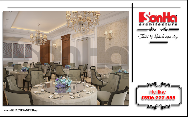 Thiết kế nội thất phòng ăn khách sạn mang phong cách Châu Âu cổ điển sang trọng với mẫu bàn tròn vừa tiết kiệm không gian vừa dễ dàng di chuyển