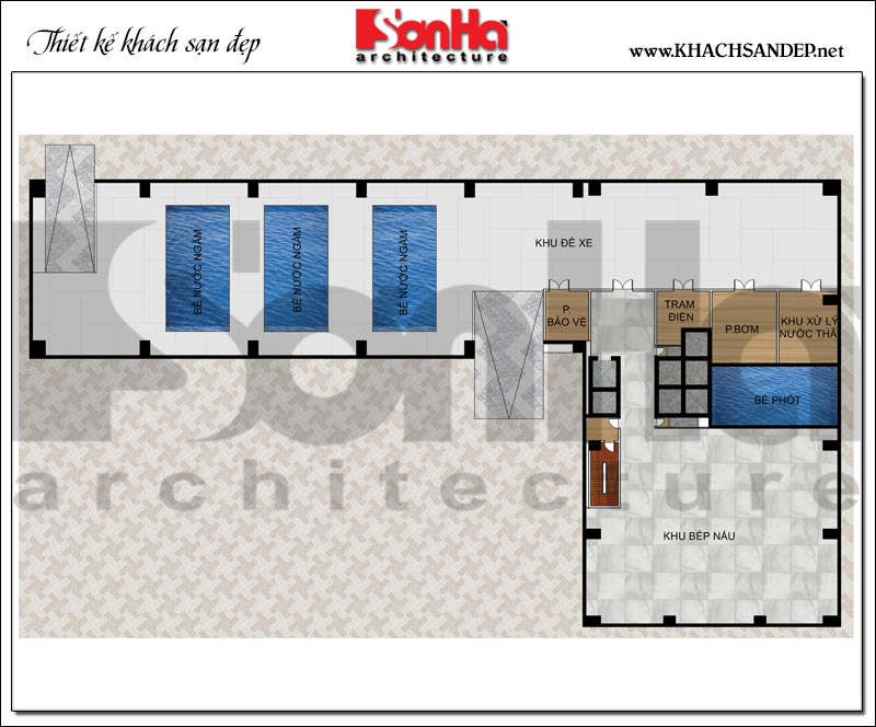 Bản vẽ chi tiết mặt bằng công năng tầng hầm trung tâm thương mại, khách sạn 5 sao diện tích 2.420m2 tại Đồng Tháp 
